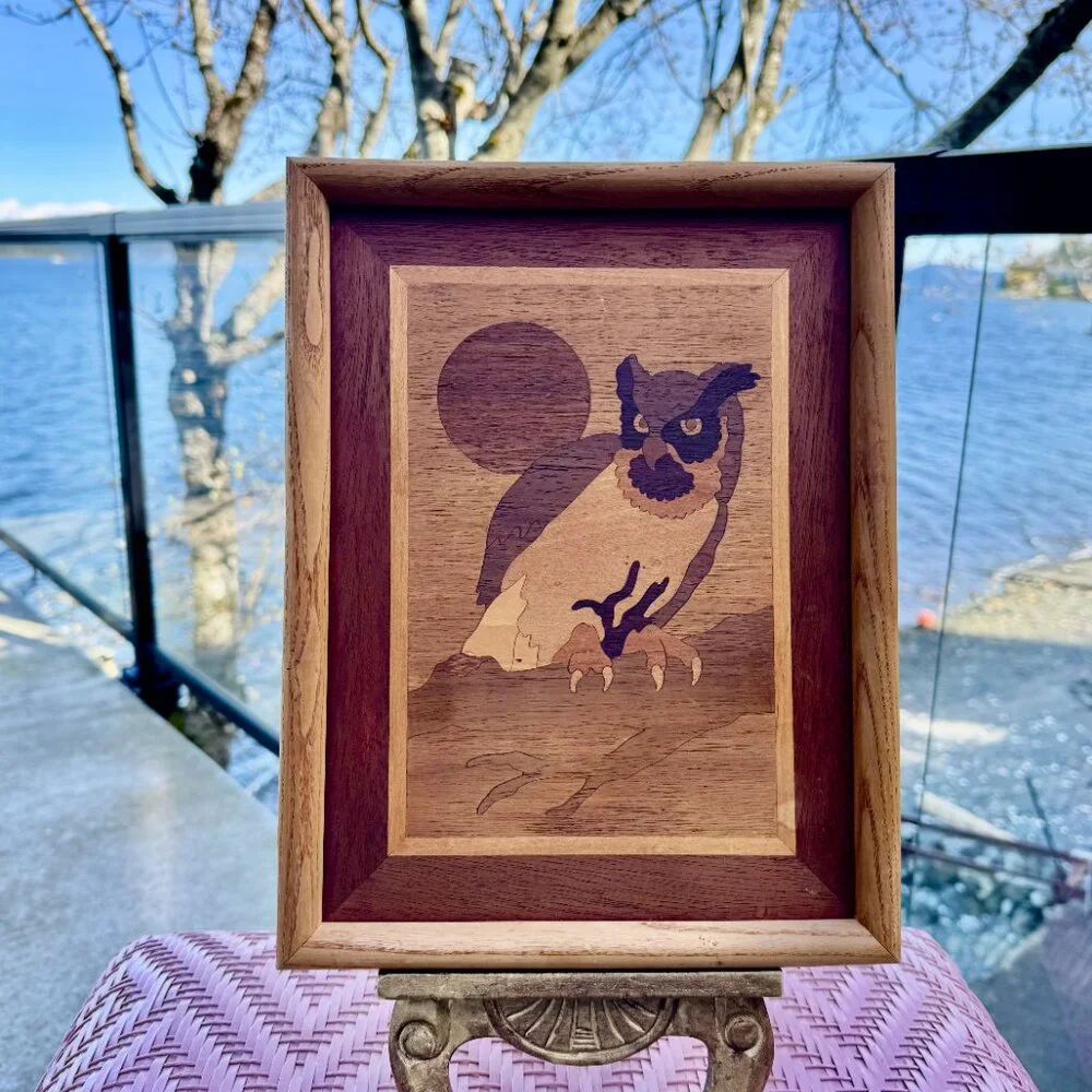 Vintage Wood Marquetry Owl Wall Art - Picture 5 of 9